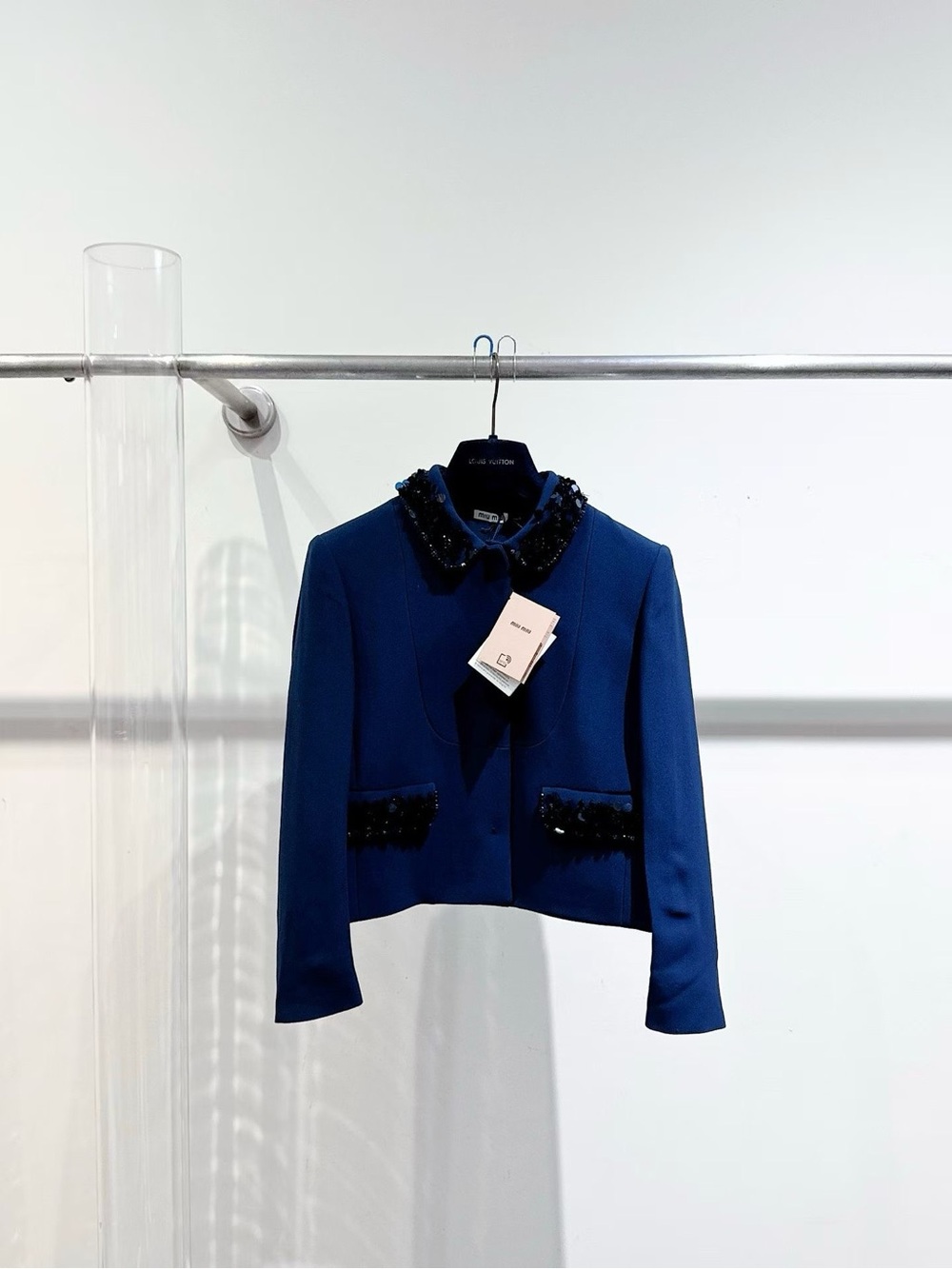 🚩steal Miu Miu Deep Blue Cropped Blazer with Black Beaded Trim
